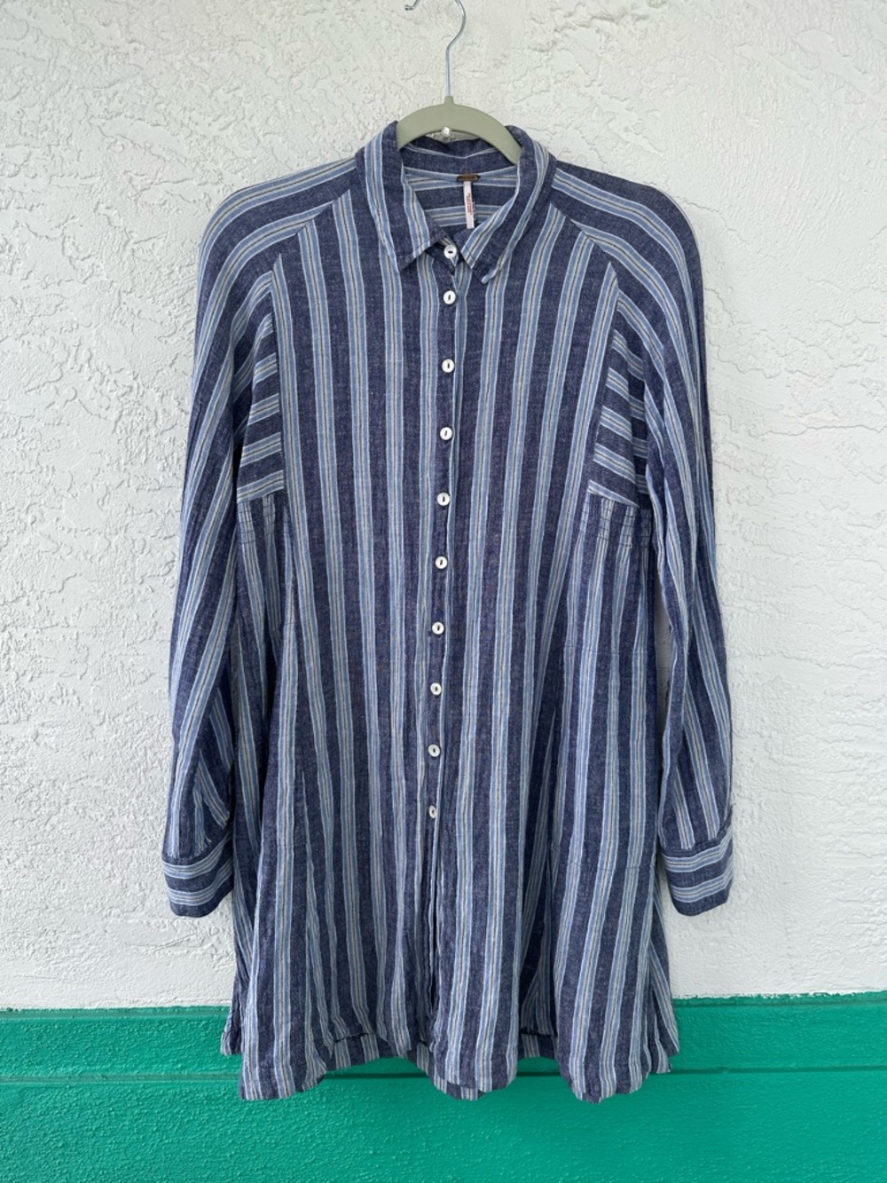 Free People Linen Blend Boho Blue Striped Oversized Tunic Top With Pockets XS